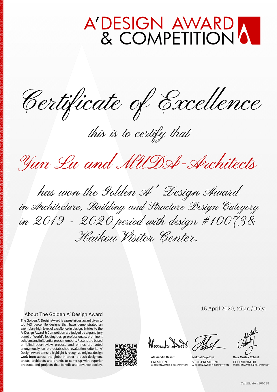MUDA won the 2019-2020 A'Design Award
